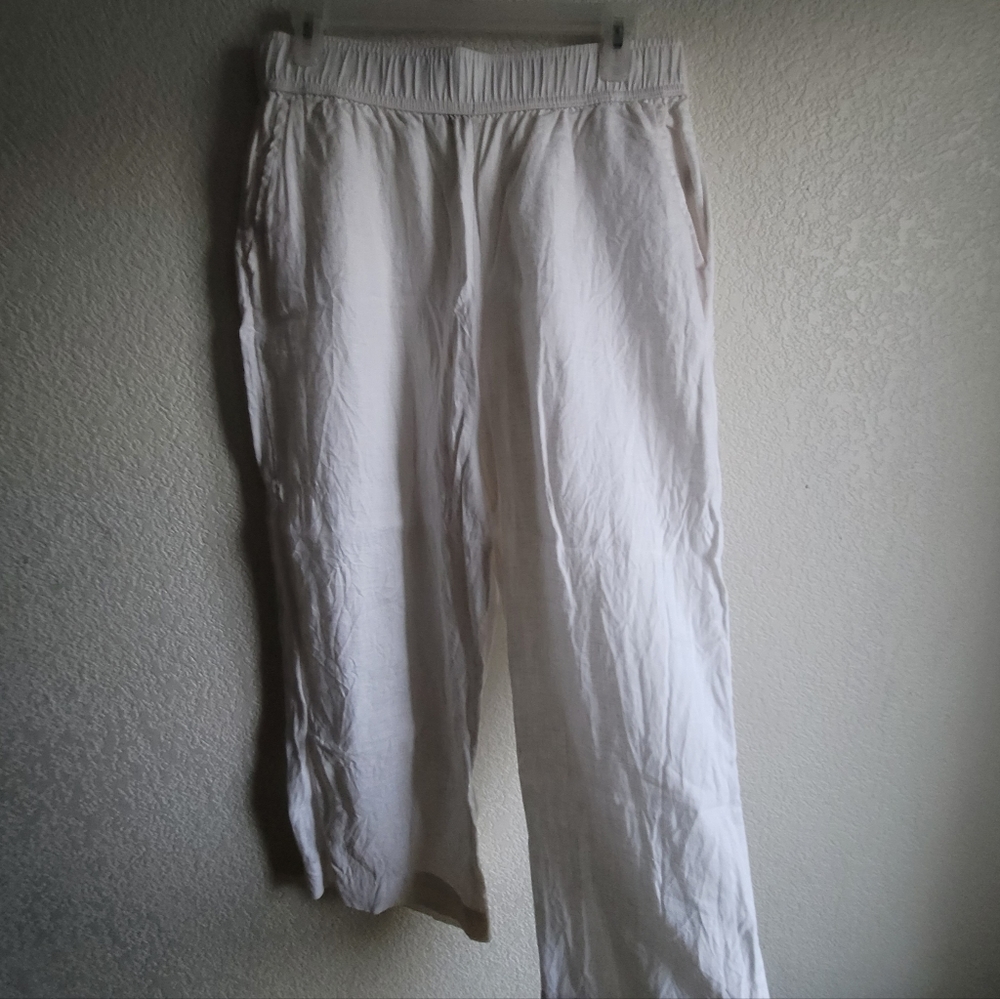 Tahari Women LARGE 100% Linen White Wide Leg Pants Texture Fabric peasant boho